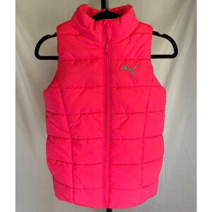 PUMA Girls Quilted Vest Size 7/8 Puffer Vest Full Zip Bright Hot Pink w/Pockets
